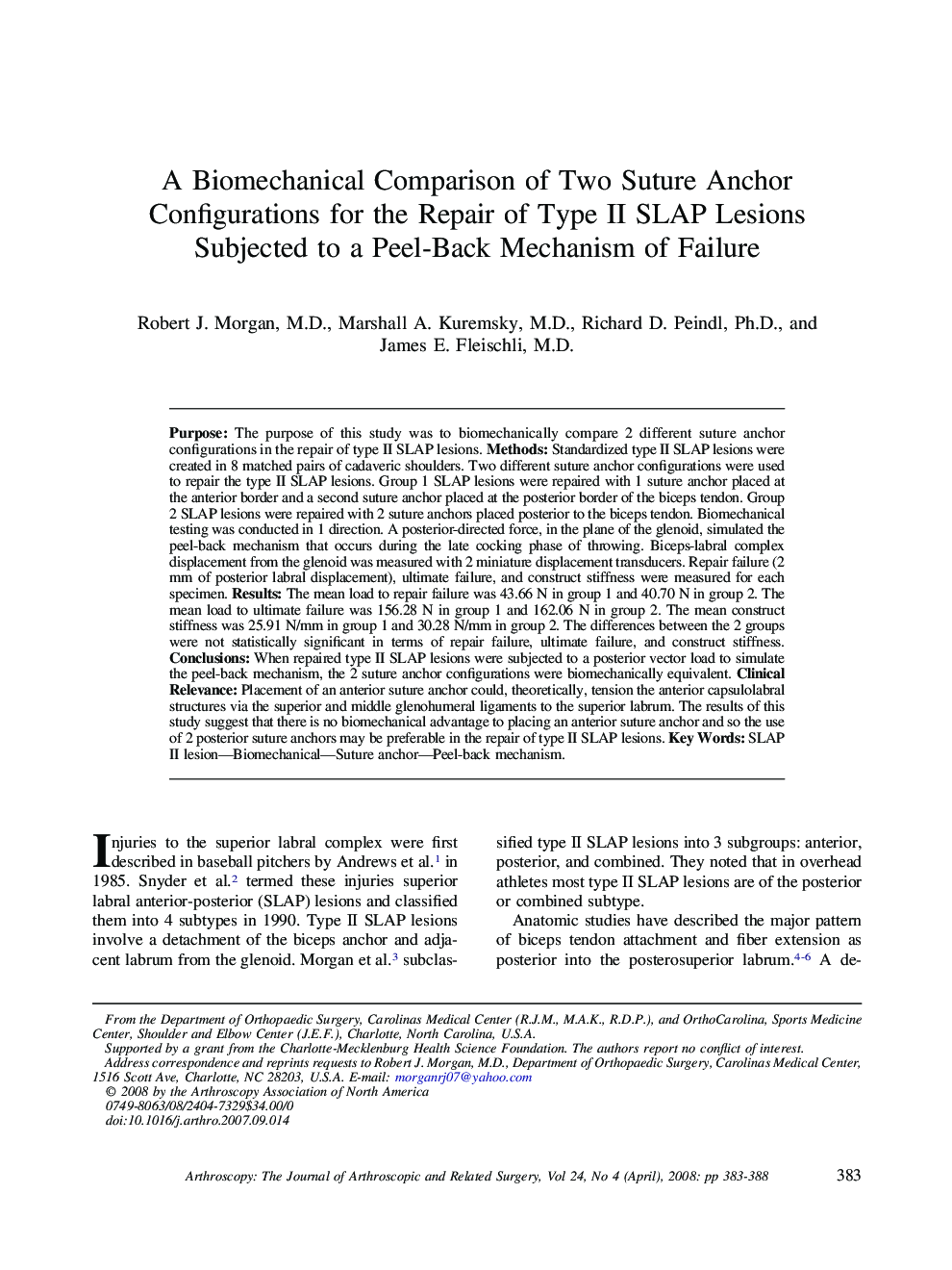 A Biomechanical Comparison of Two Suture Anchor Configurations for the Repair of Type II SLAP Lesions Subjected to a Peel-Back Mechanism of Failure 