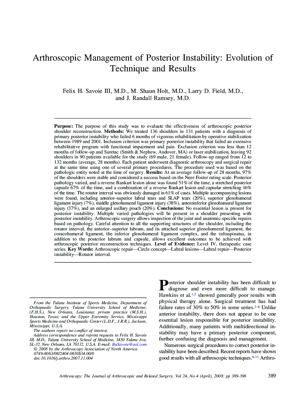 Arthroscopic Management of Posterior Instability: Evolution of Technique and Results 