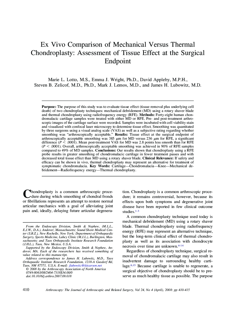 Ex Vivo Comparison of Mechanical Versus Thermal Chondroplasty: Assessment of Tissue Effect at the Surgical Endpoint 