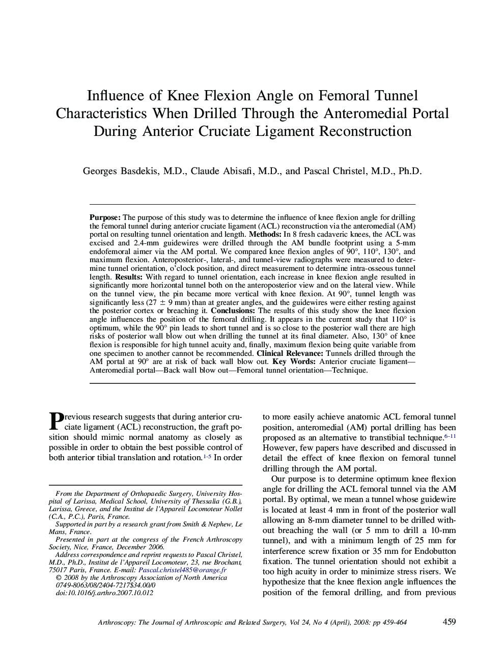 Influence of Knee Flexion Angle on Femoral Tunnel Characteristics When Drilled Through the Anteromedial Portal During Anterior Cruciate Ligament Reconstruction 
