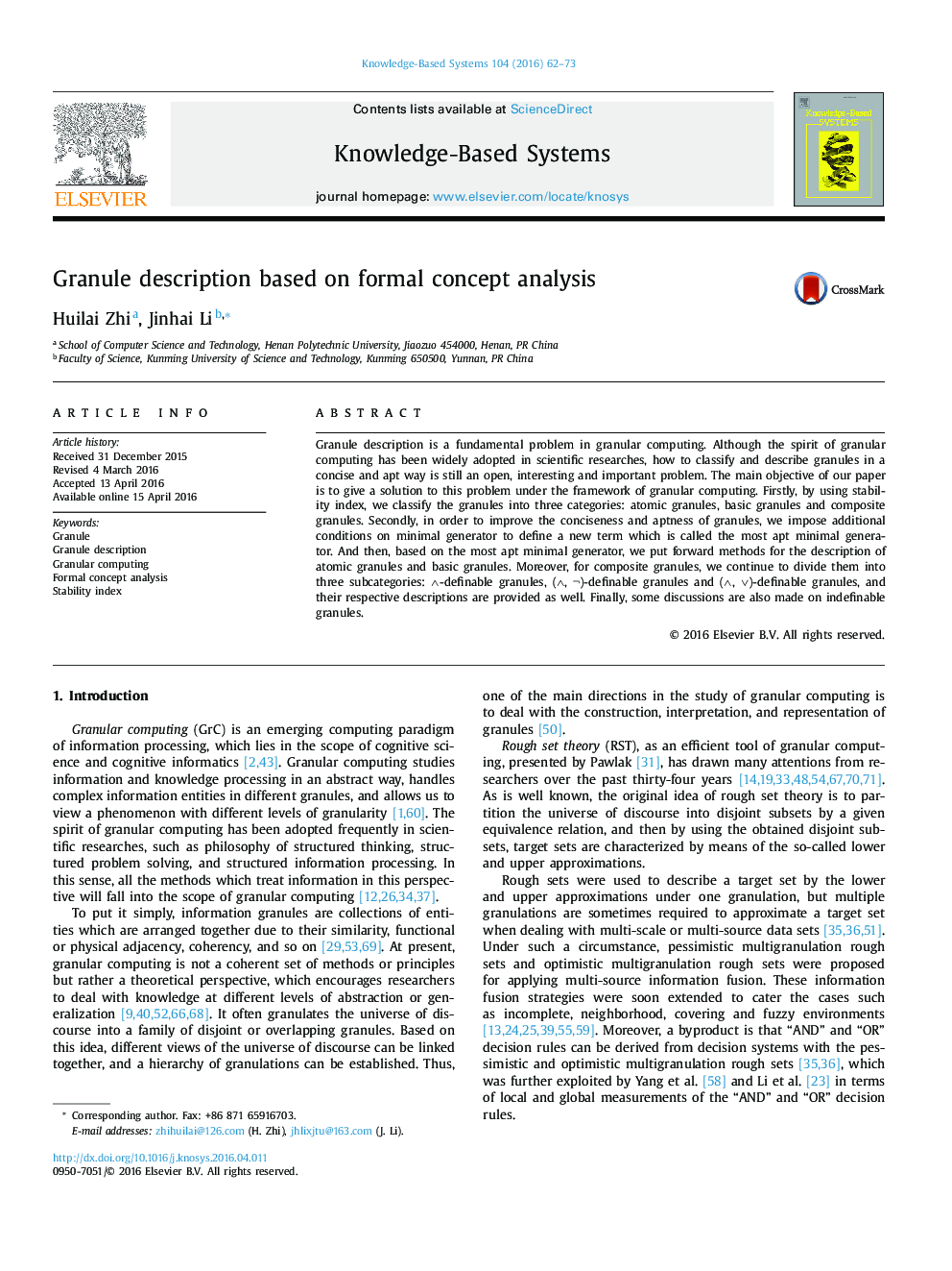 Granule description based on formal concept analysis