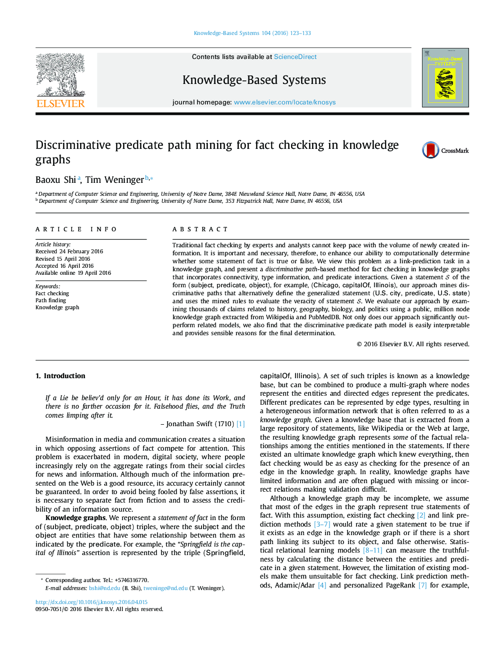 Discriminative predicate path mining for fact checking in knowledge graphs