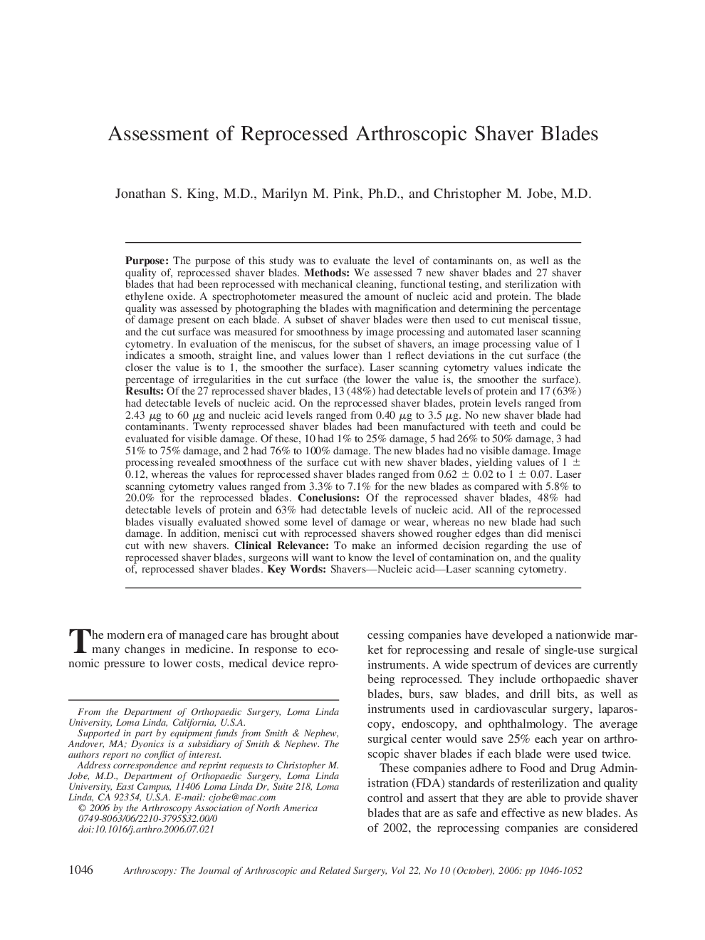 Assessment of Reprocessed Arthroscopic Shaver Blades 