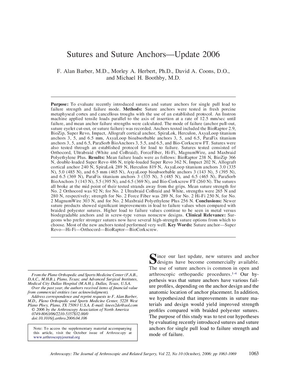 Sutures and Suture Anchors-Update 2006