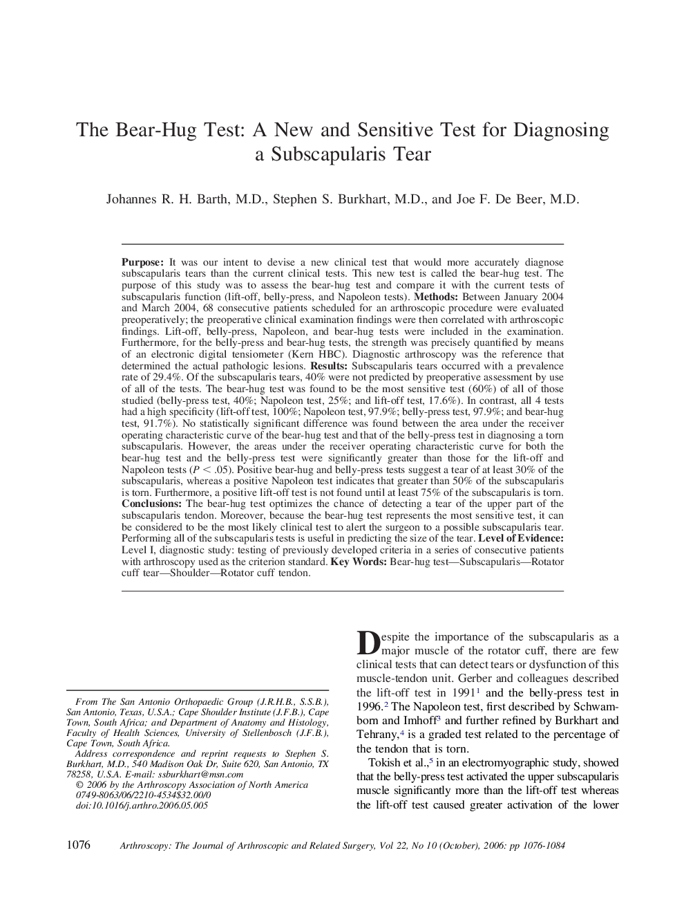 The Bear-Hug Test: A New and Sensitive Test for Diagnosing a Subscapularis Tear