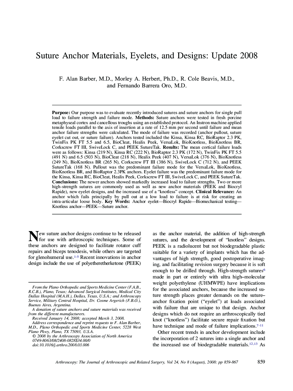 Suture Anchor Materials, Eyelets, and Designs: Update 2008 