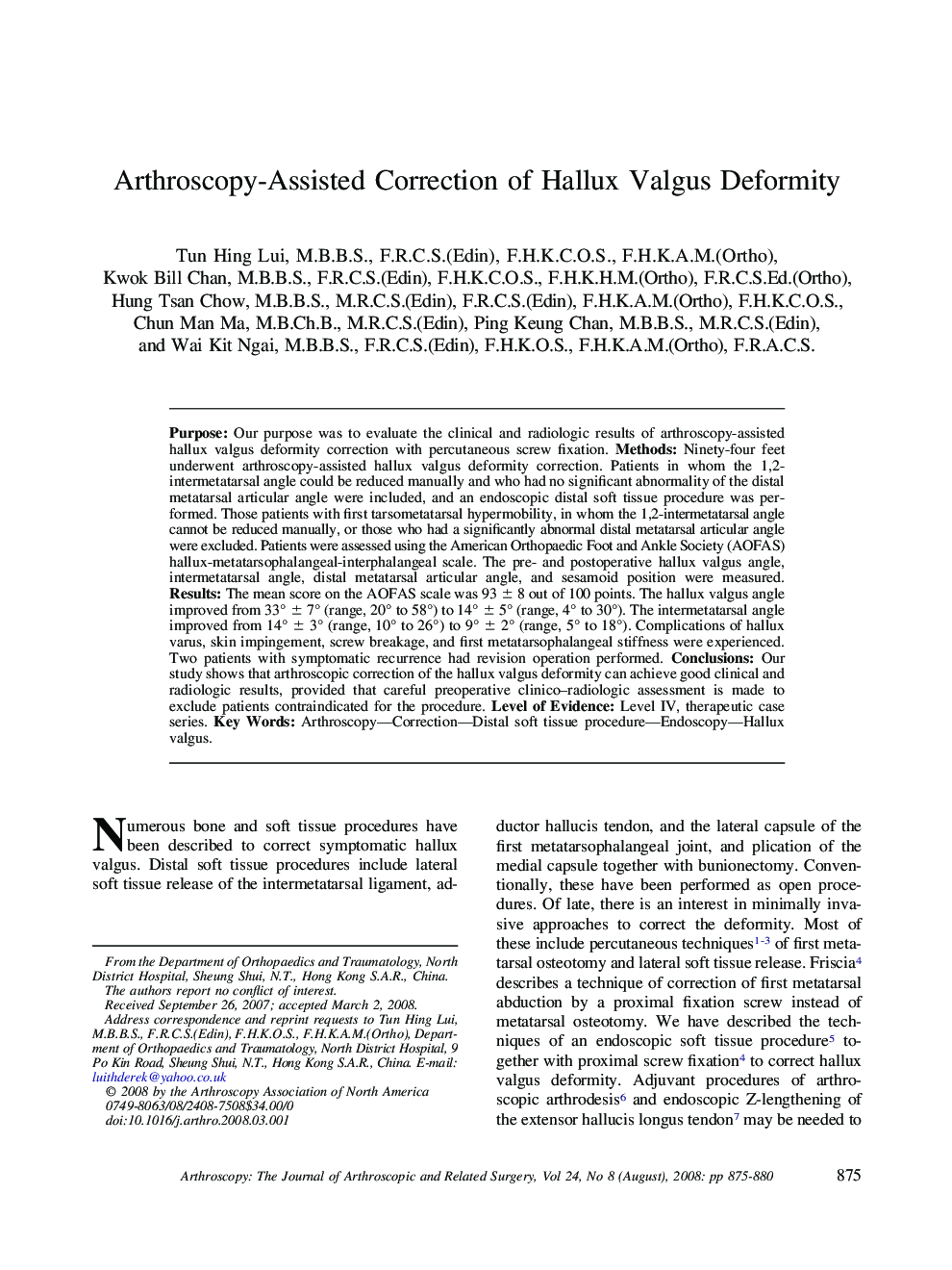 Arthroscopy-Assisted Correction of Hallux Valgus Deformity 