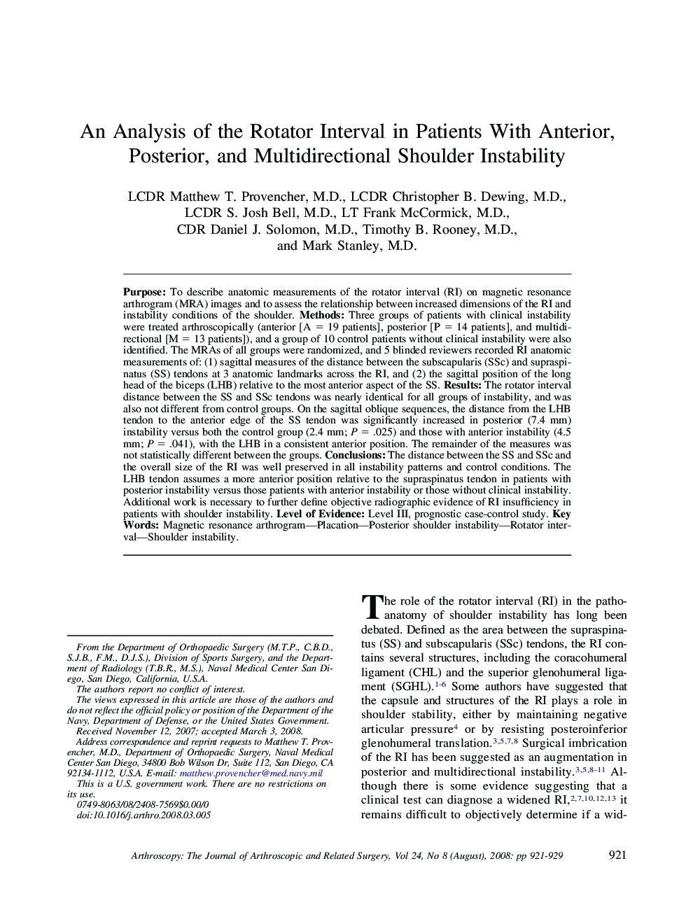 An Analysis of the Rotator Interval in Patients With Anterior, Posterior, and Multidirectional Shoulder Instability 