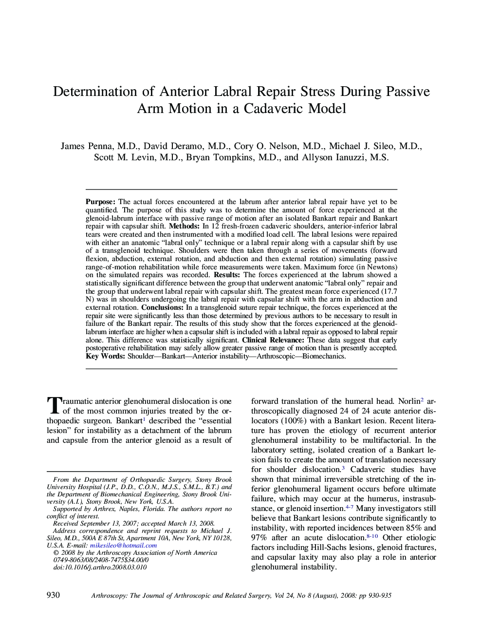 Determination of Anterior Labral Repair Stress During Passive Arm Motion in a Cadaveric Model 