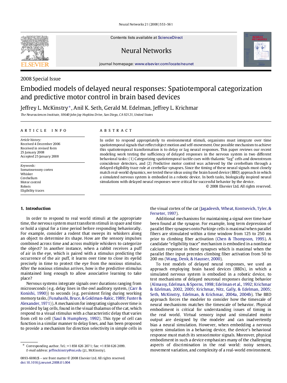 Embodied models of delayed neural responses: Spatiotemporal categorization and predictive motor control in brain based devices