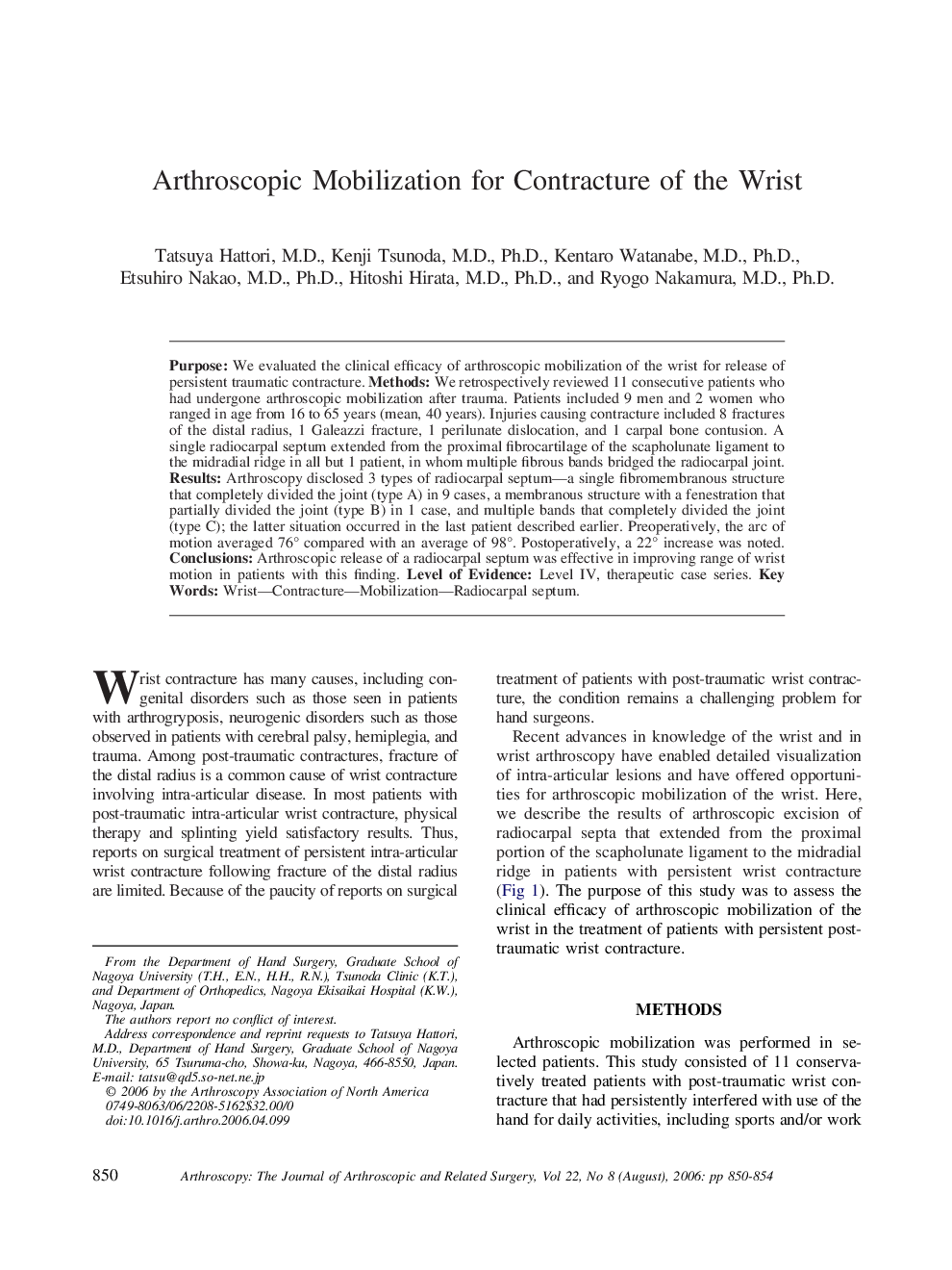 Arthroscopic Mobilization for Contracture of the Wrist 