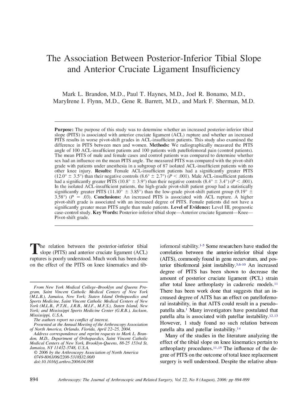 The Association Between Posterior-Inferior Tibial Slope and Anterior Cruciate Ligament Insufficiency 