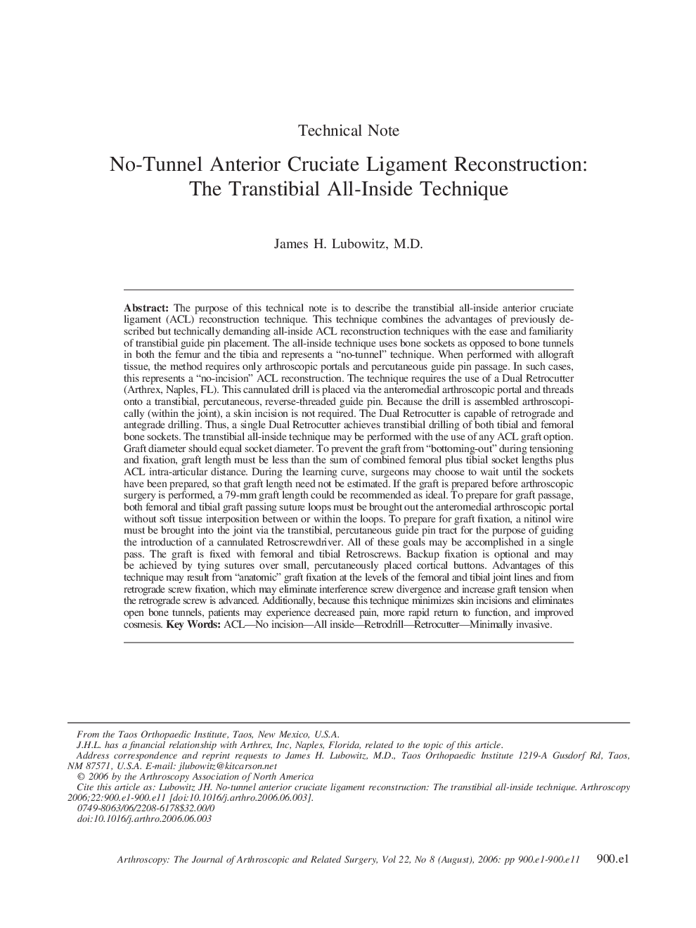 No-Tunnel Anterior Cruciate Ligament Reconstruction: The Transtibial All-Inside Technique