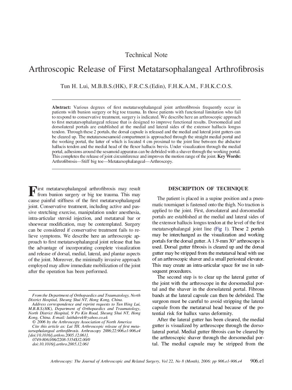 Arthroscopic Release of First Metatarsophalangeal Arthrofibrosis