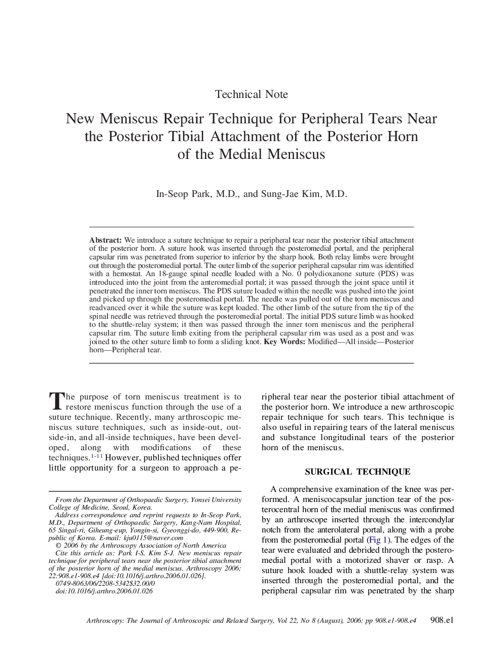 New Meniscus Repair Technique for Peripheral Tears Near the Posterior Tibial Attachment of the Posterior Horn of the Medial Meniscus