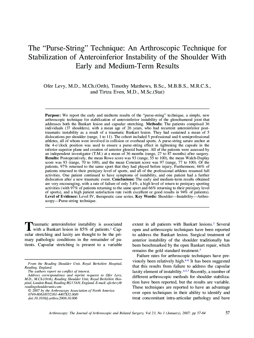 The “Purse-String” Technique: An Arthroscopic Technique for Stabilization of Anteroinferior Instability of the Shoulder With Early and Medium-Term Results 