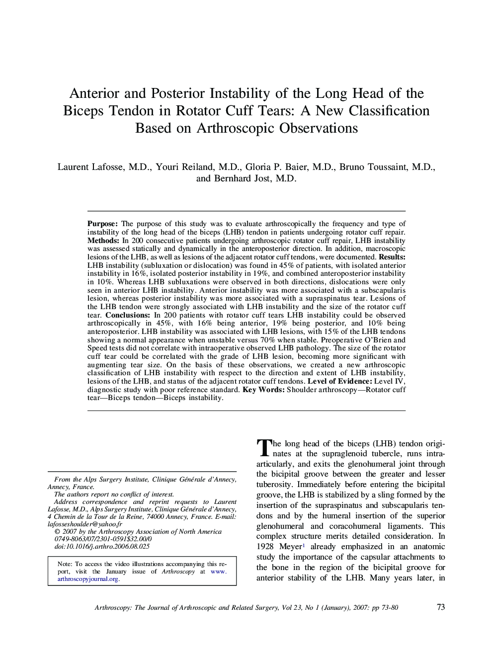 Anterior and Posterior Instability of the Long Head of the Biceps Tendon in Rotator Cuff Tears: A New Classification Based on Arthroscopic Observations 