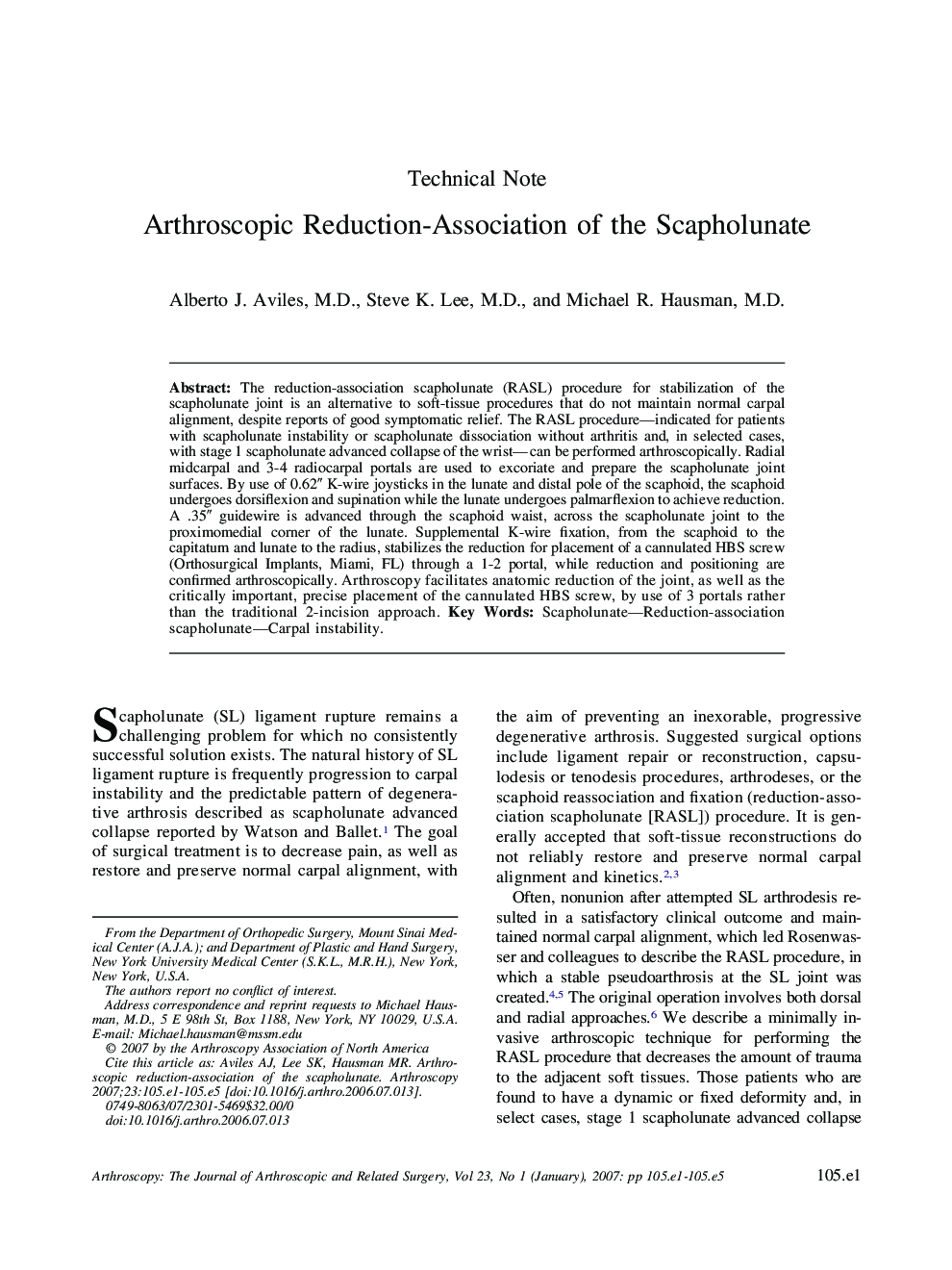 Arthroscopic Reduction-Association of the Scapholunate