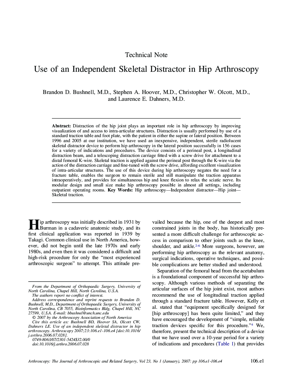 Use of an Independent Skeletal Distractor in Hip Arthroscopy