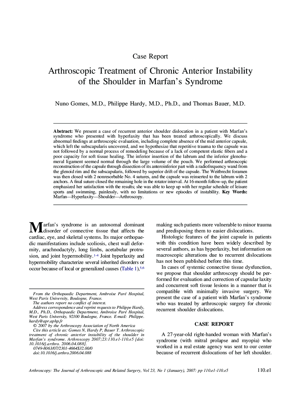 Arthroscopic Treatment of Chronic Anterior Instability of the Shoulder in Marfan's Syndrome