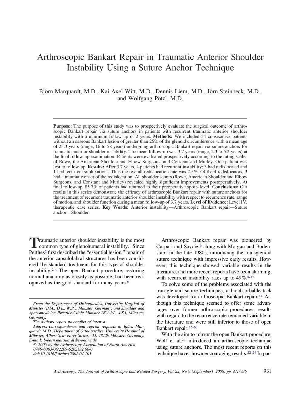 Arthroscopic Bankart Repair in Traumatic Anterior Shoulder Instability Using a Suture Anchor Technique 