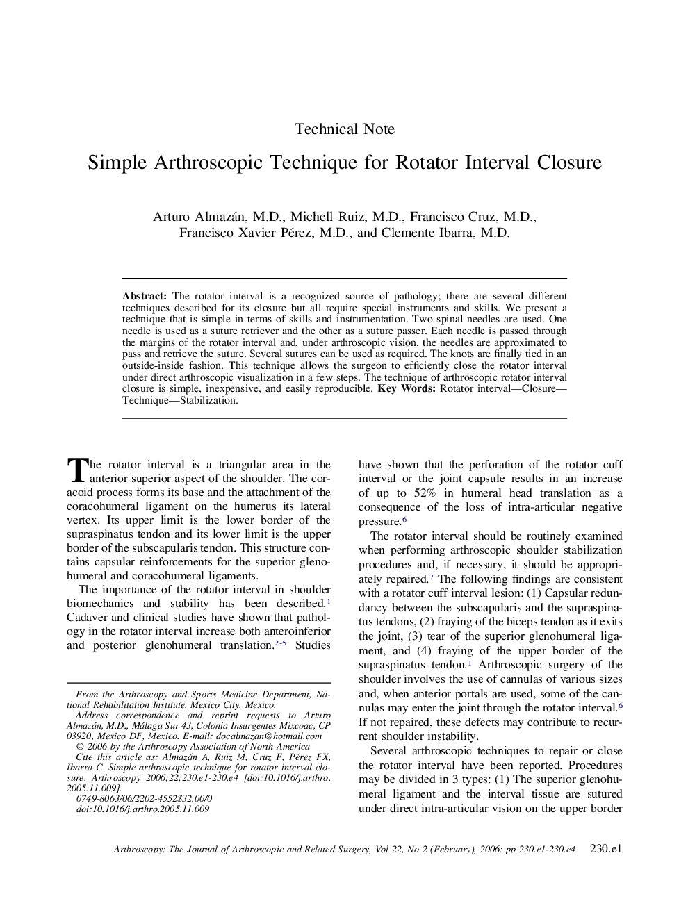 Simple Arthroscopic Technique for Rotator Interval Closure