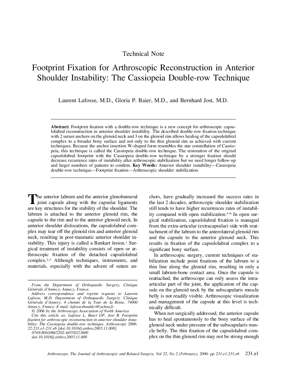 Footprint Fixation for Arthroscopic Reconstruction in Anterior Shoulder Instability: The Cassiopeia Double-row Technique