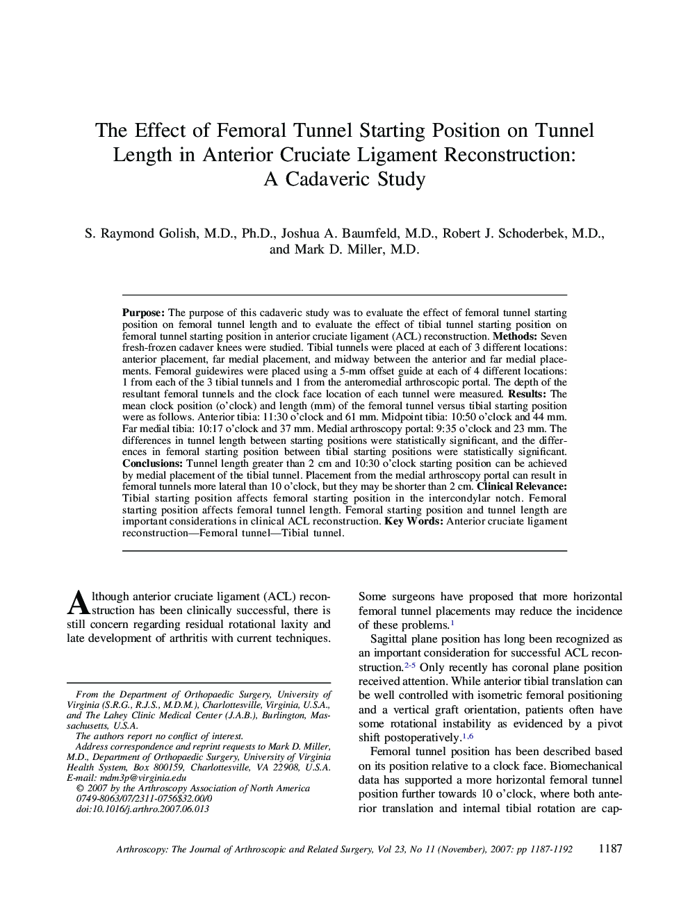 The Effect of Femoral Tunnel Starting Position on Tunnel Length in Anterior Cruciate Ligament Reconstruction: A Cadaveric Study 