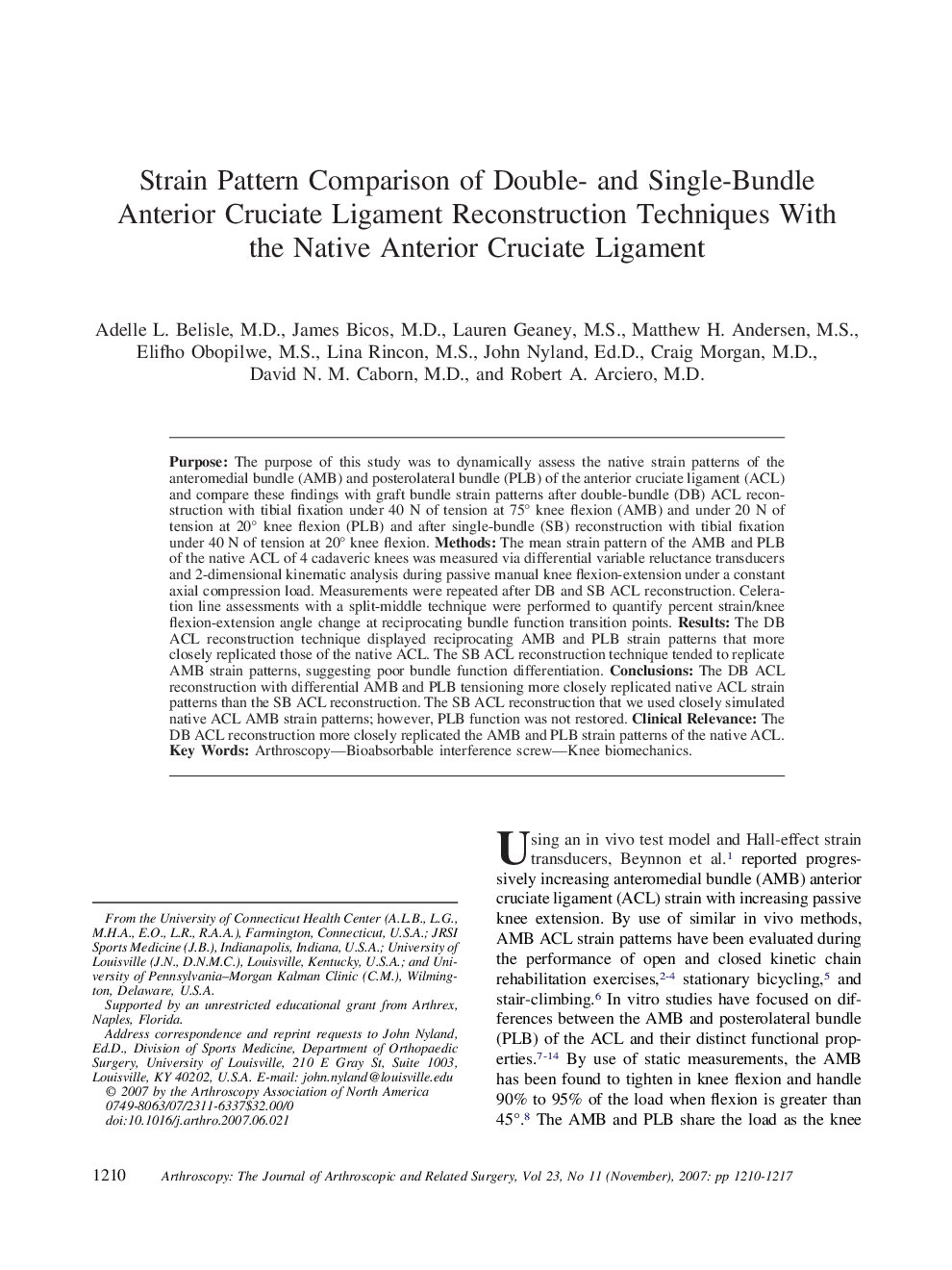 Strain Pattern Comparison of Double- and Single-Bundle Anterior Cruciate Ligament Reconstruction Techniques With the Native Anterior Cruciate Ligament 