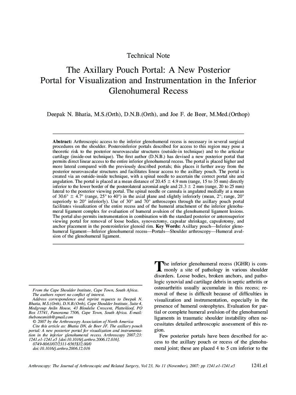 The Axillary Pouch Portal: A New Posterior Portal for Visualization and Instrumentation in the Inferior Glenohumeral Recess