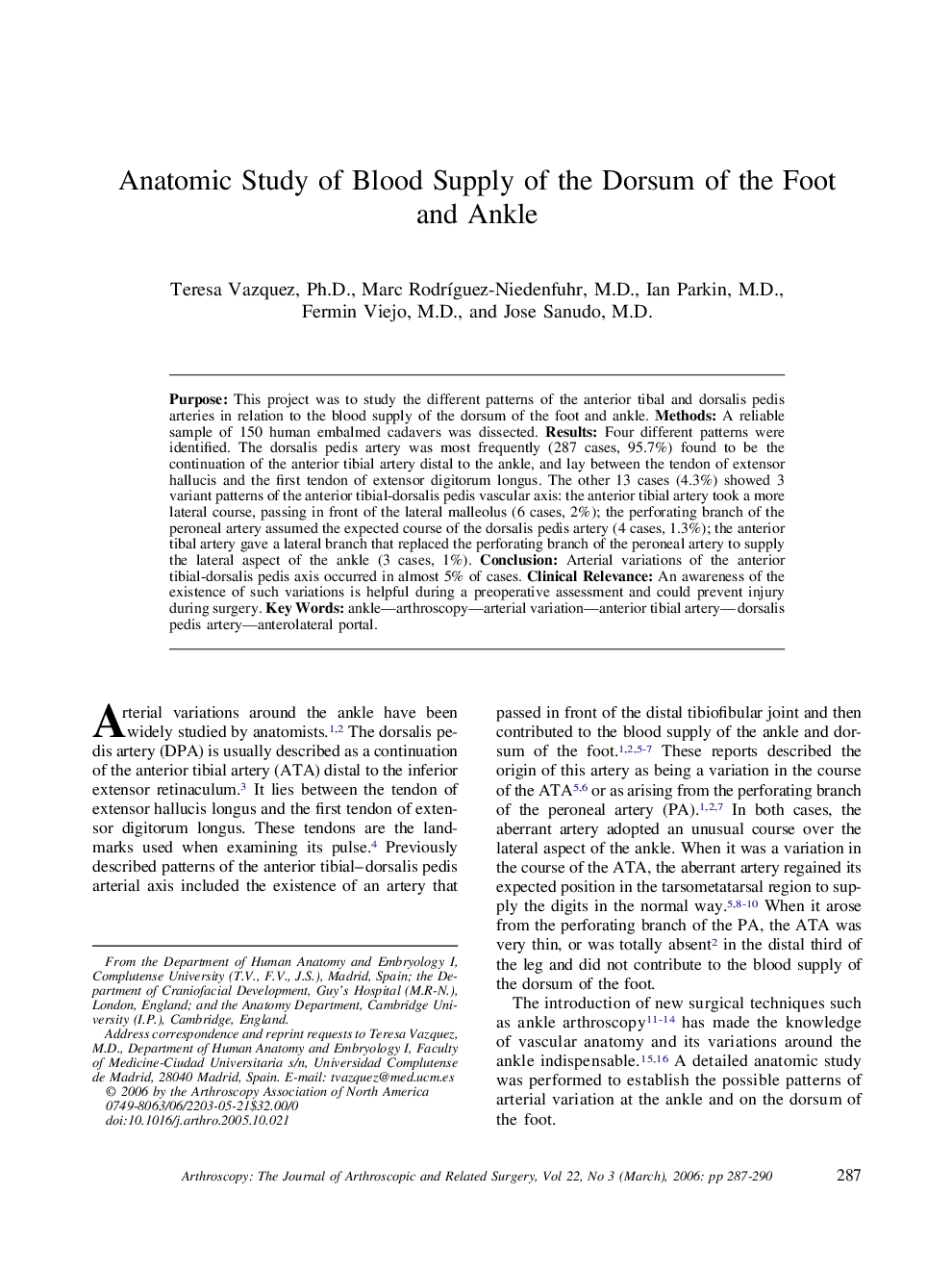 Anatomic Study of Blood Supply of the Dorsum of the Foot and Ankle