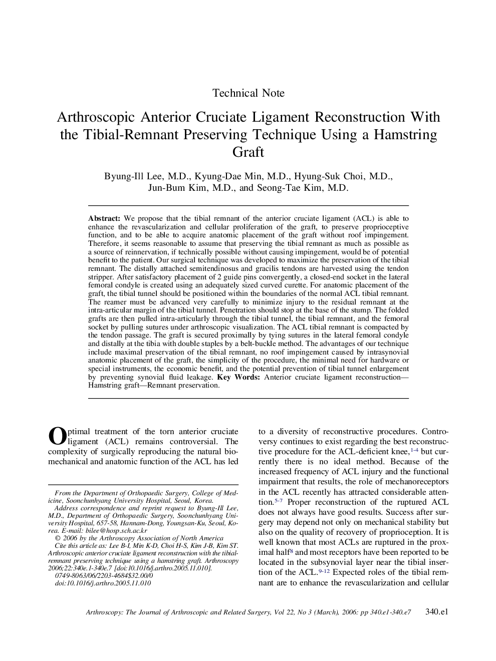 Arthroscopic Anterior Cruciate Ligament Reconstruction With the Tibial-Remnant Preserving Technique Using a Hamstring Graft