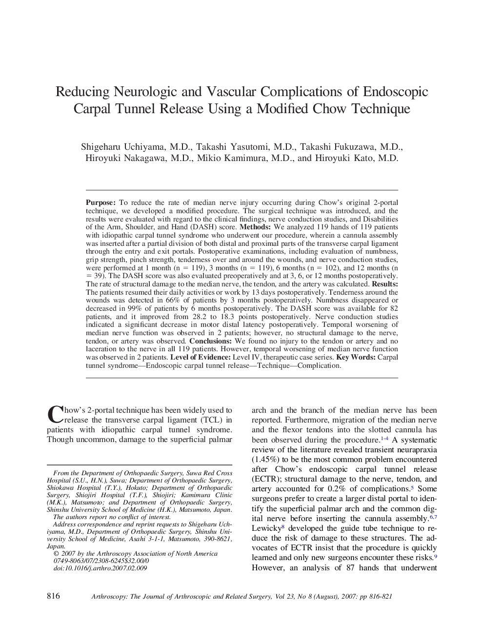 Reducing Neurologic and Vascular Complications of Endoscopic Carpal Tunnel Release Using a Modified Chow Technique