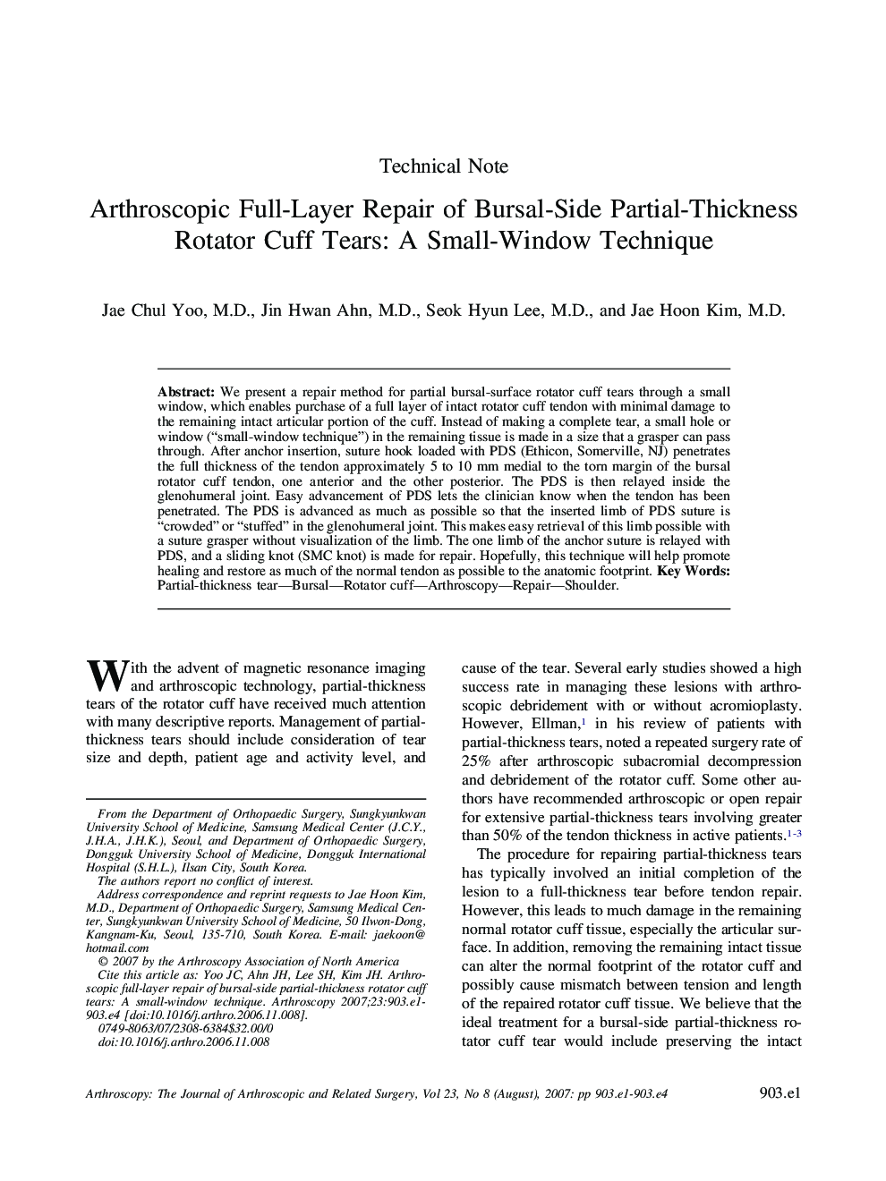 Arthroscopic Full-Layer Repair of Bursal-Side Partial-Thickness Rotator Cuff Tears: A Small-Window Technique