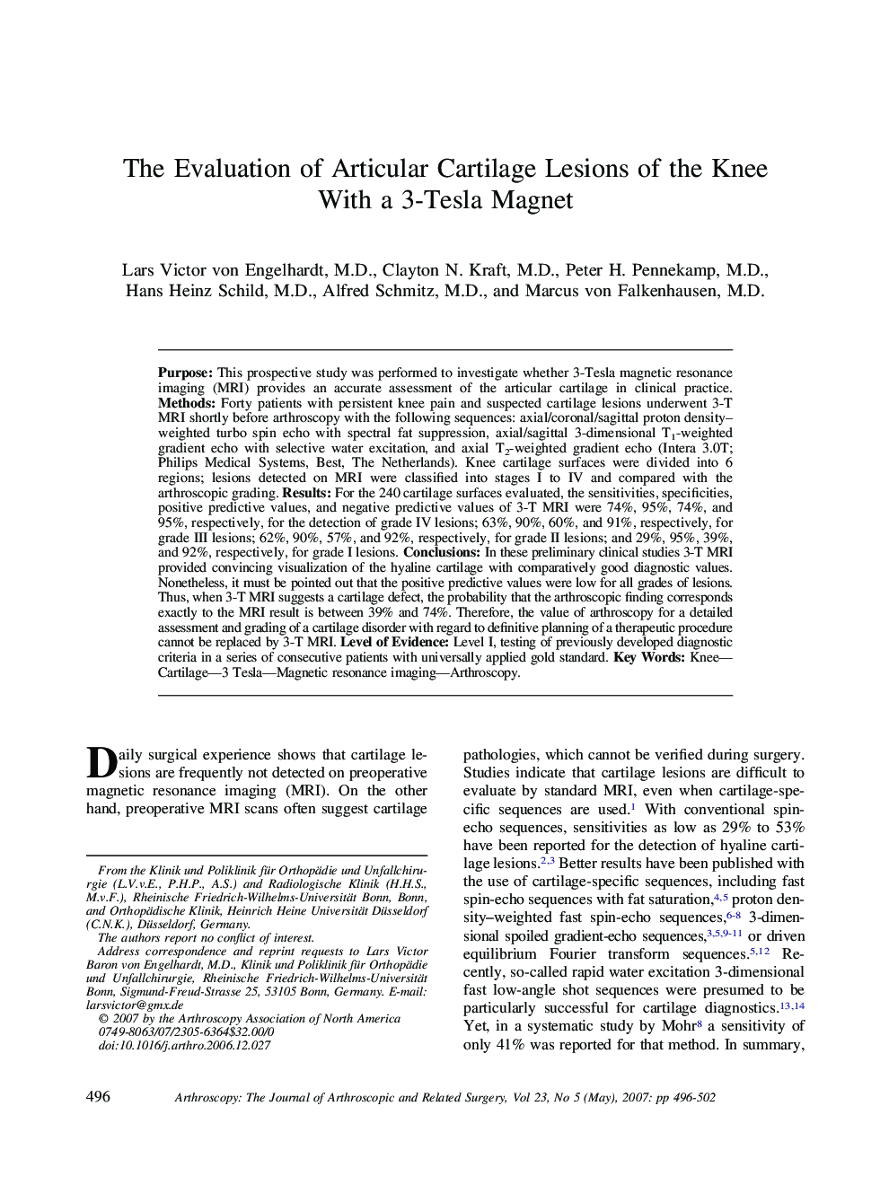 The Evaluation of Articular Cartilage Lesions of the Knee With a 3-Tesla Magnet 