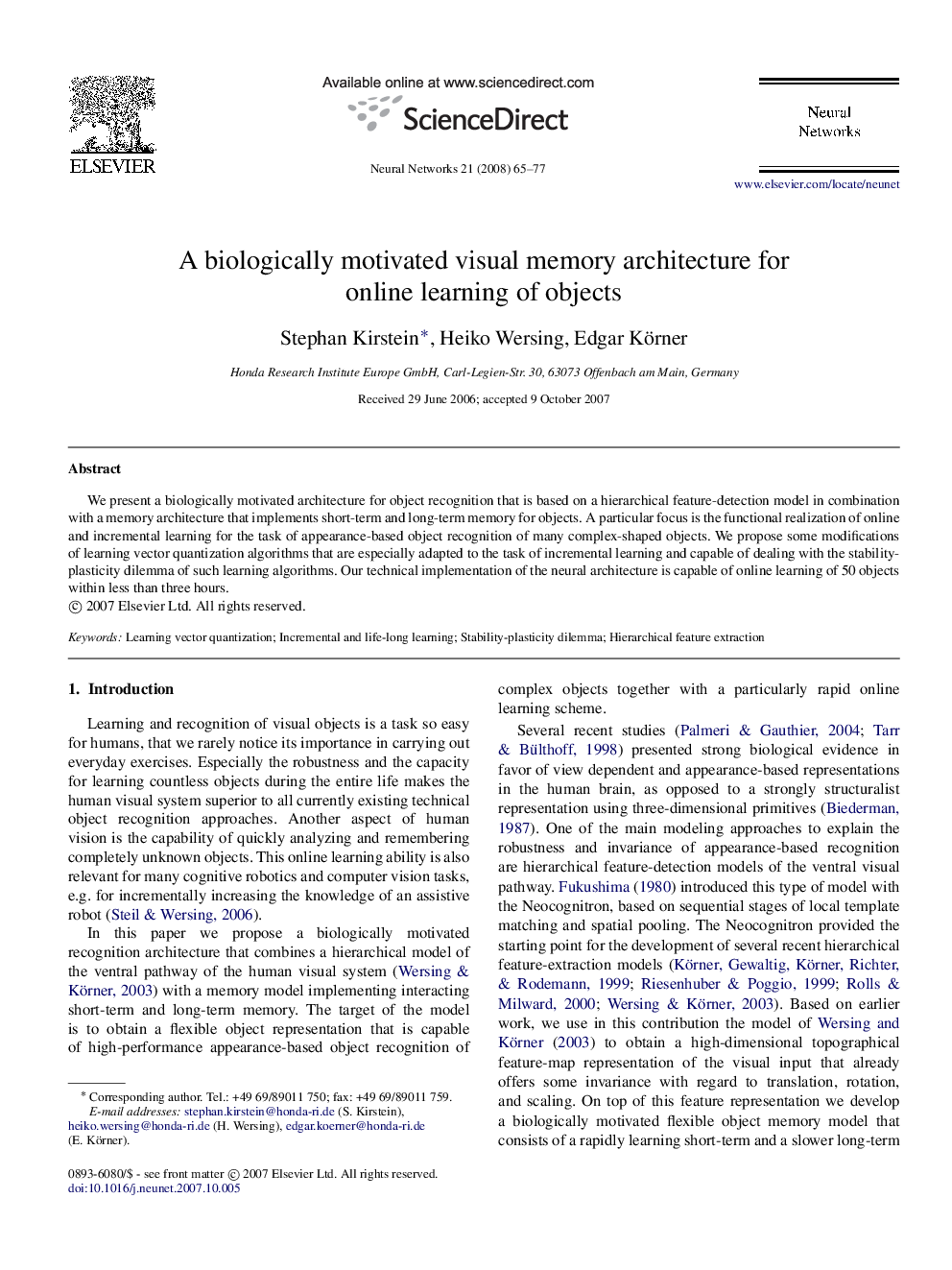 A biologically motivated visual memory architecture for online learning of objects