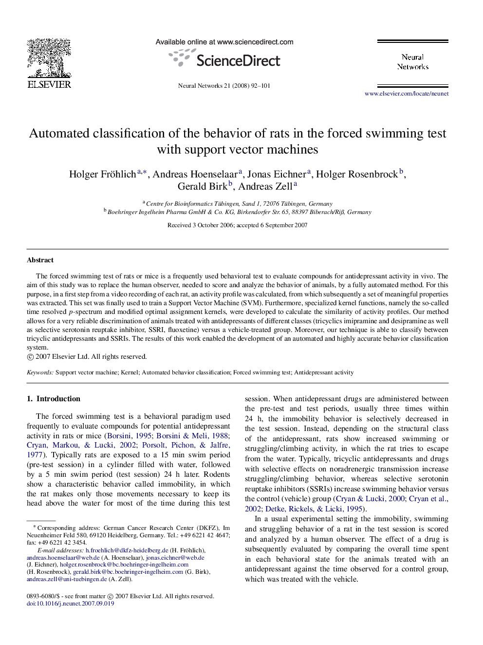 Automated classification of the behavior of rats in the forced swimming test with support vector machines