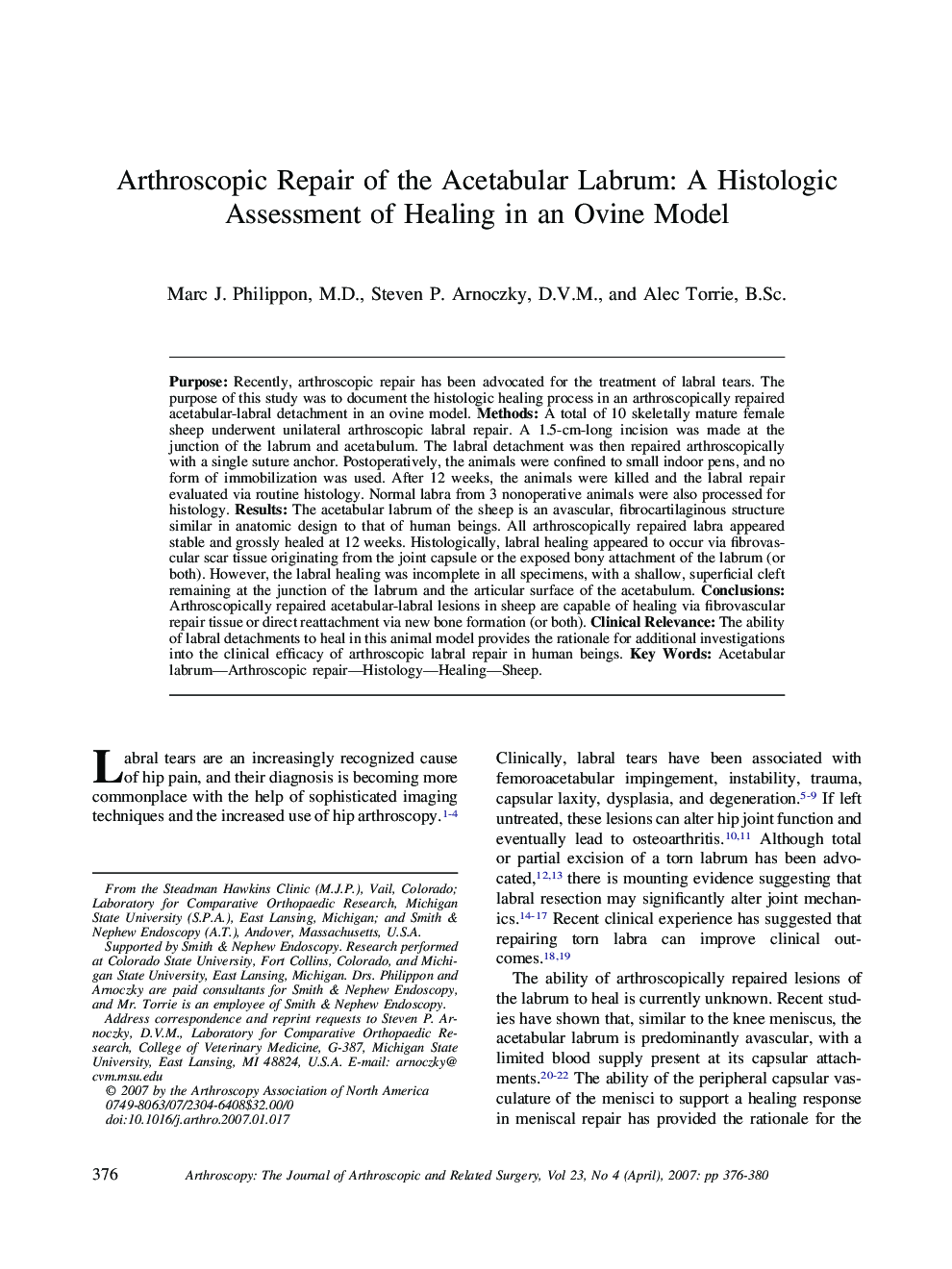 Arthroscopic Repair of the Acetabular Labrum: A Histologic Assessment of Healing in an Ovine Model 