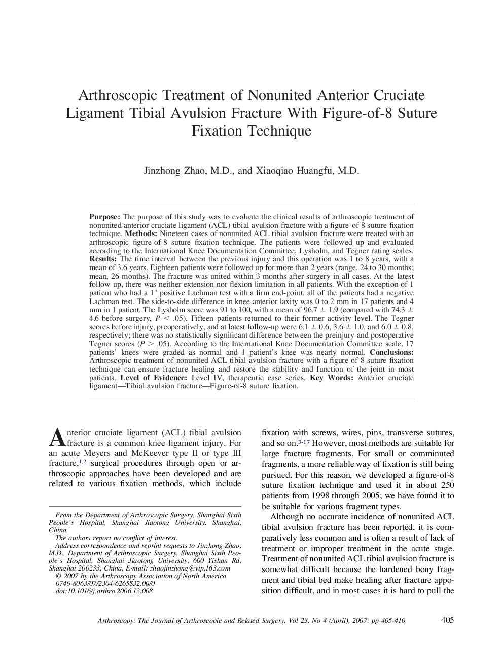 Arthroscopic Treatment of Nonunited Anterior Cruciate Ligament Tibial Avulsion Fracture With Figure-of-8 Suture Fixation Technique 