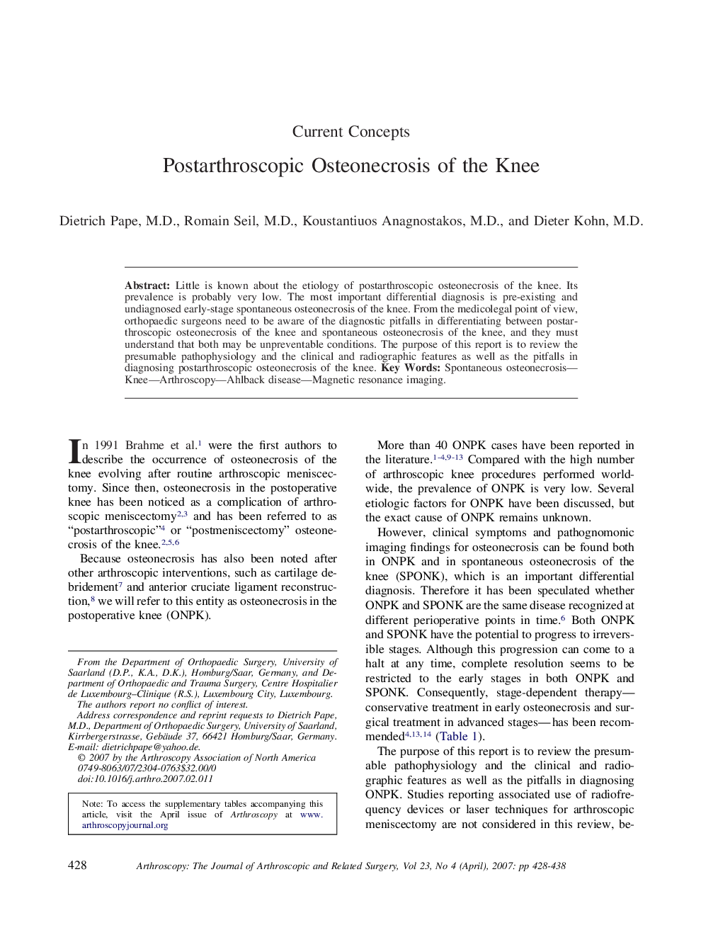 Postarthroscopic Osteonecrosis of the Knee