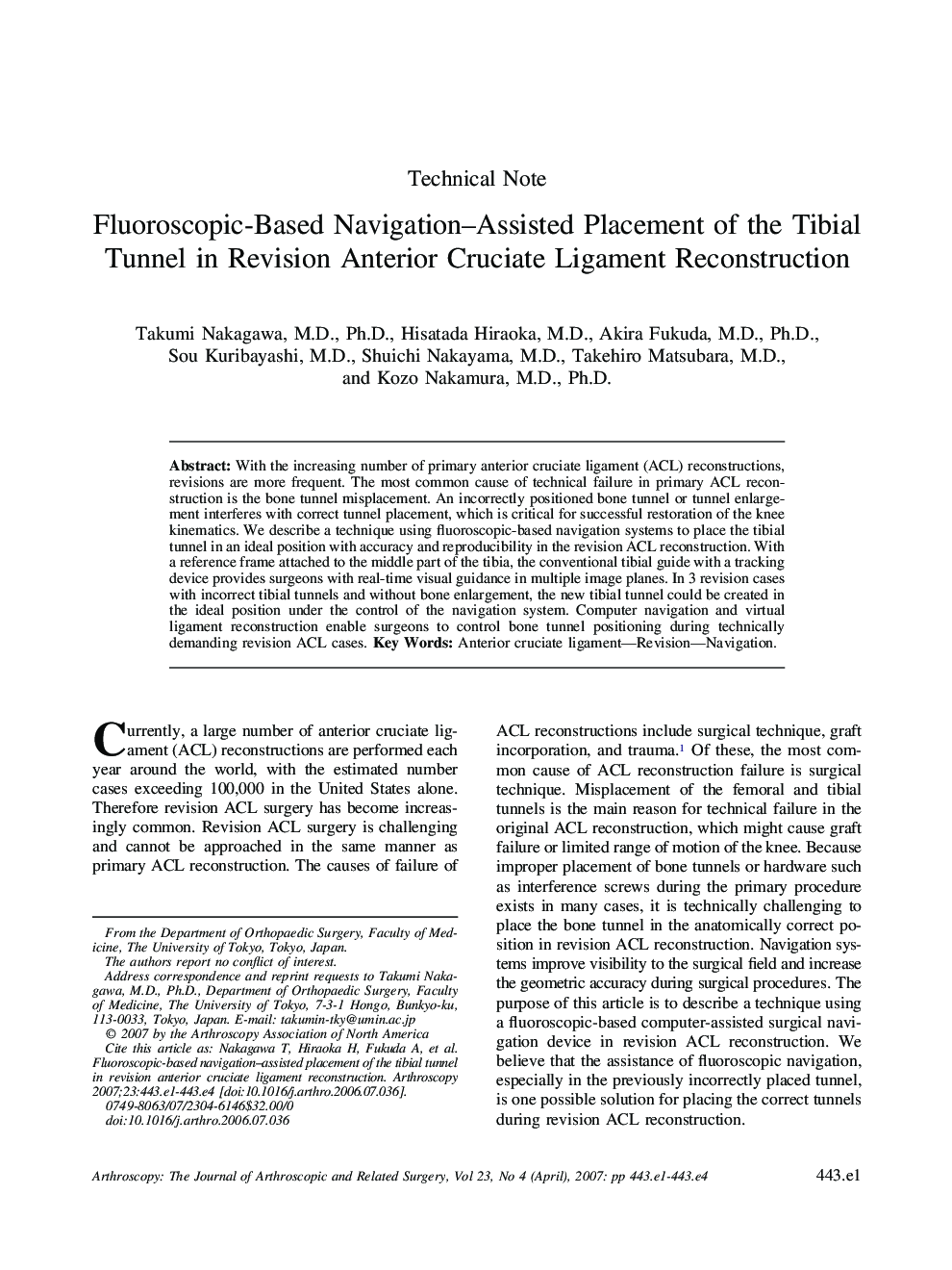 Fluoroscopic-Based Navigation-Assisted Placement of the Tibial Tunnel in Revision Anterior Cruciate Ligament Reconstruction