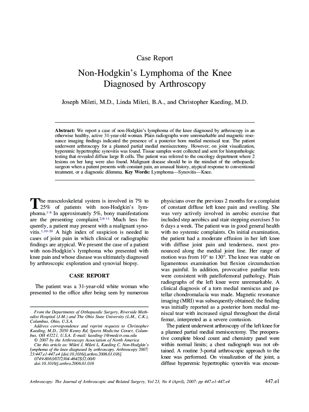 Non-Hodgkin's Lymphoma of the Knee Diagnosed by Arthroscopy