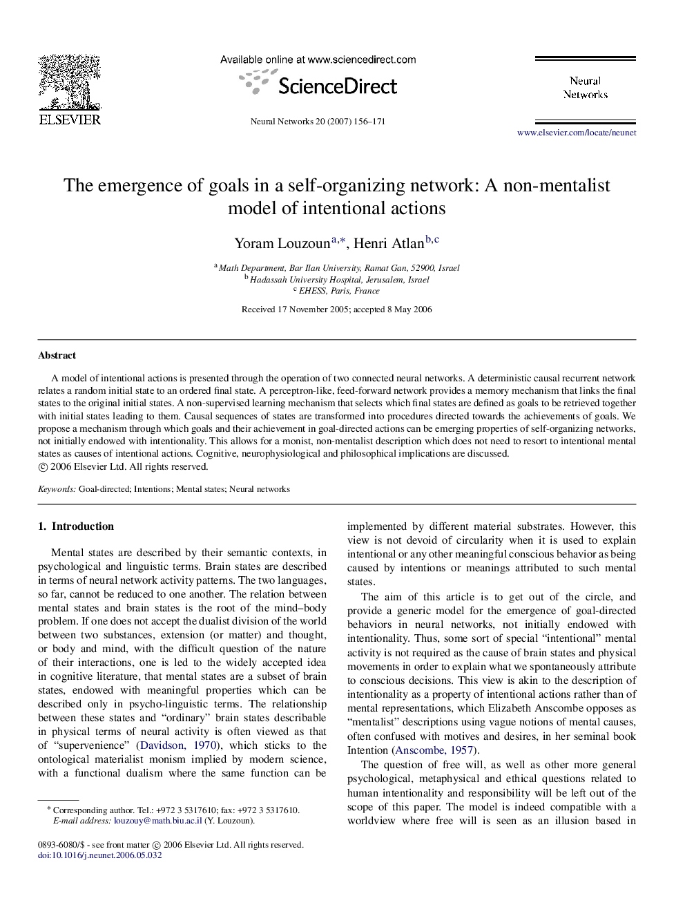 The emergence of goals in a self-organizing network: A non-mentalist model of intentional actions