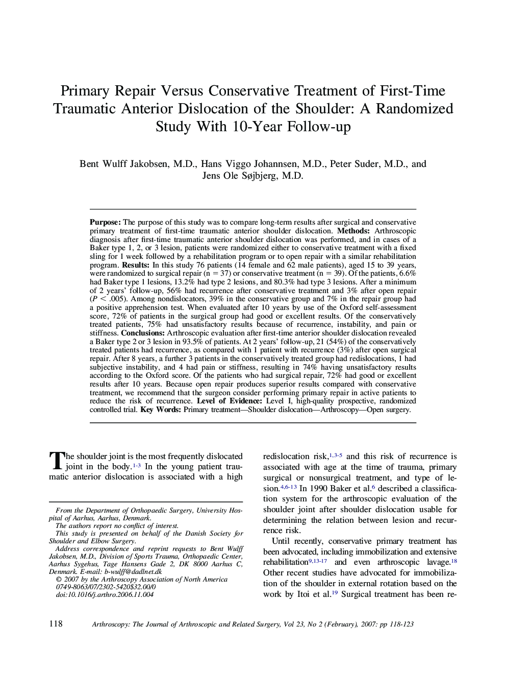 Primary Repair Versus Conservative Treatment of First-Time Traumatic Anterior Dislocation of the Shoulder: A Randomized Study With 10-Year Follow-up 