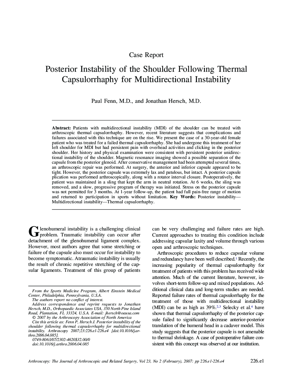 Posterior Instability of the Shoulder Following Thermal Capsulorrhaphy for Multidirectional Instability