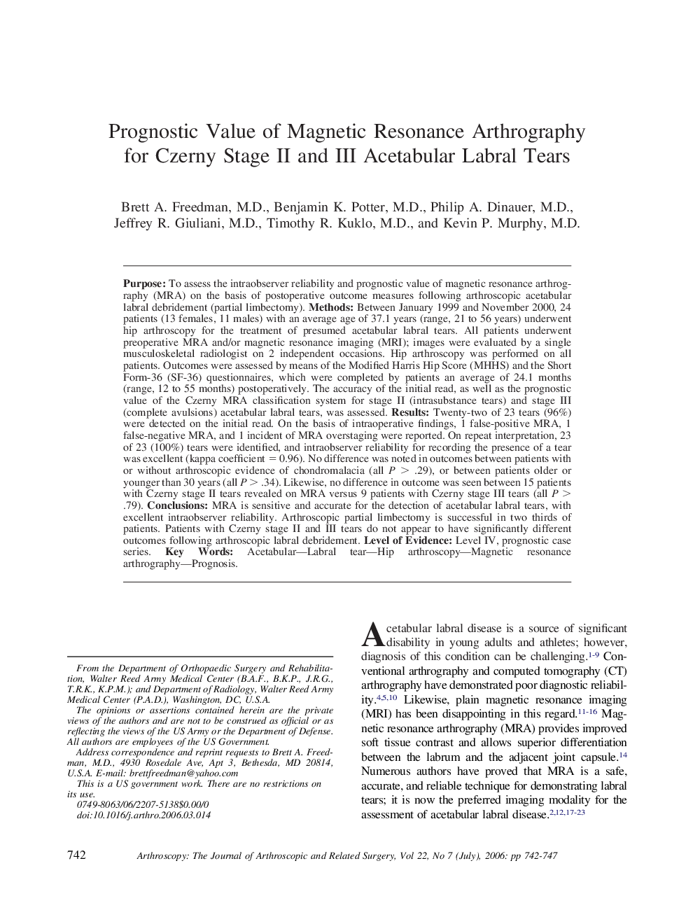 Prognostic Value of Magnetic Resonance Arthrography for Czerny Stage II and III Acetabular Labral Tears 