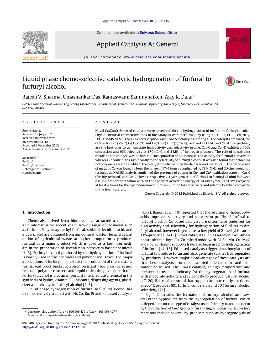 Liquid phase chemo-selective catalytic hydrogenation of furfural to furfuryl alcohol