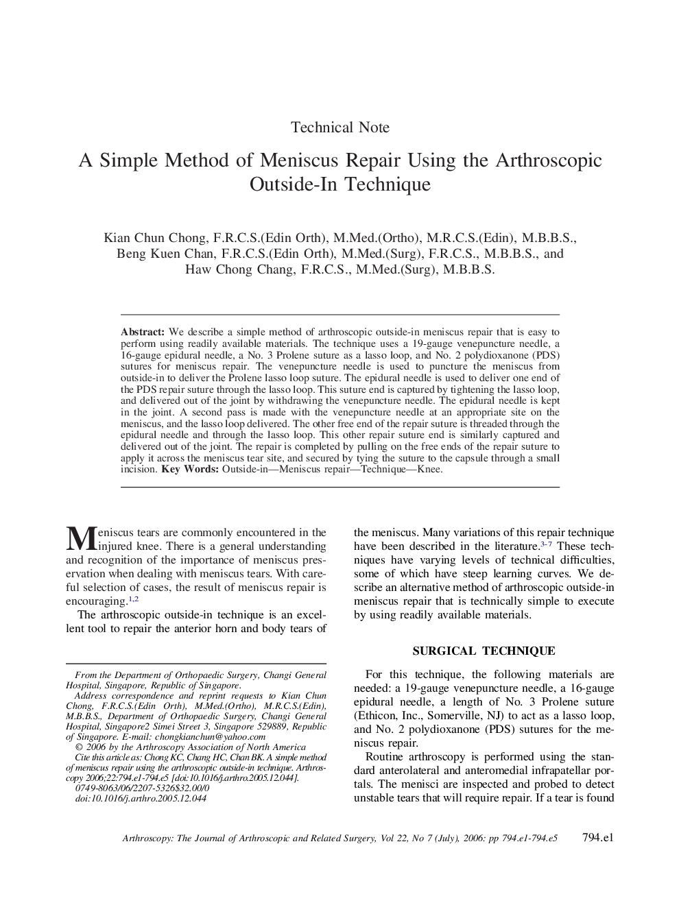 A Simple Method of Meniscus Repair Using the Arthroscopic Outside-In Technique