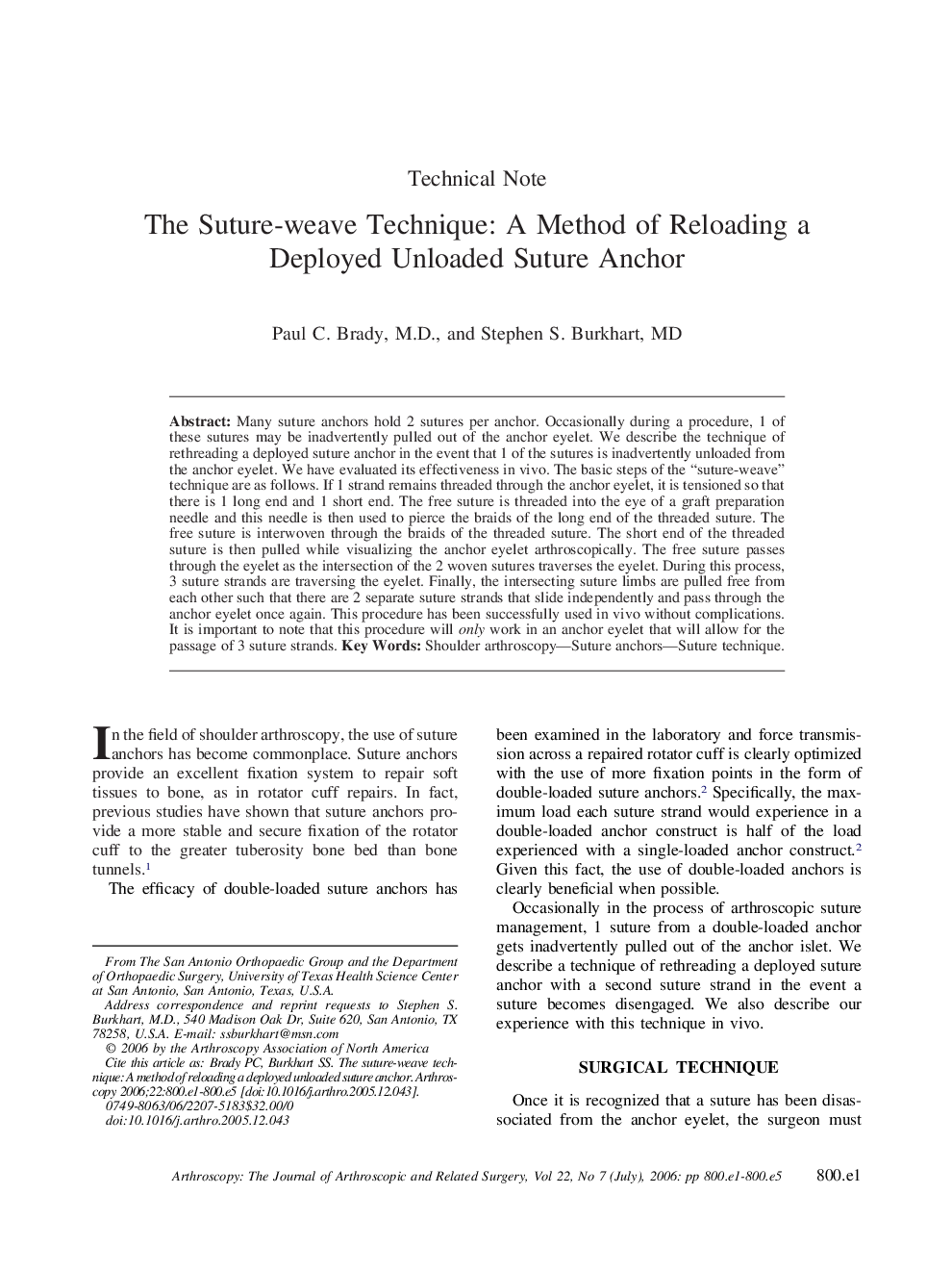 The Suture-weave Technique: A Method of Reloading a Deployed Unloaded Suture Anchor