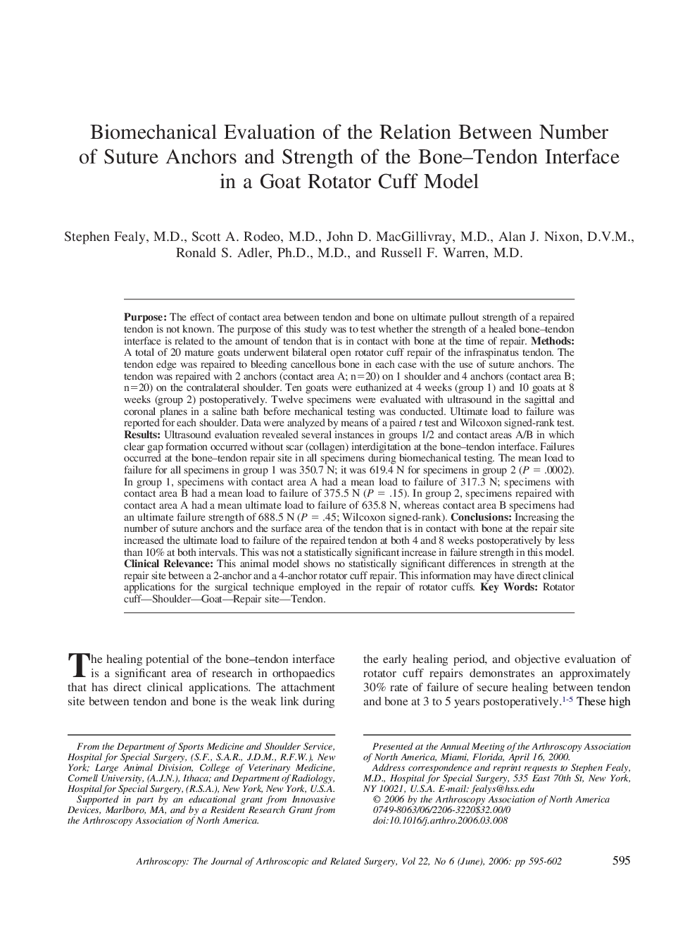 Biomechanical Evaluation of the Relation Between Number of Suture Anchors and Strength of the Bone–Tendon Interface in a Goat Rotator Cuff Model 